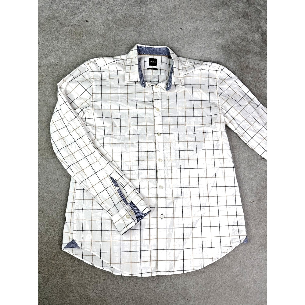 BOSS Hugo Boss Shirt Mens XL White Slim Fit Windowpane Check Casual Streetwear